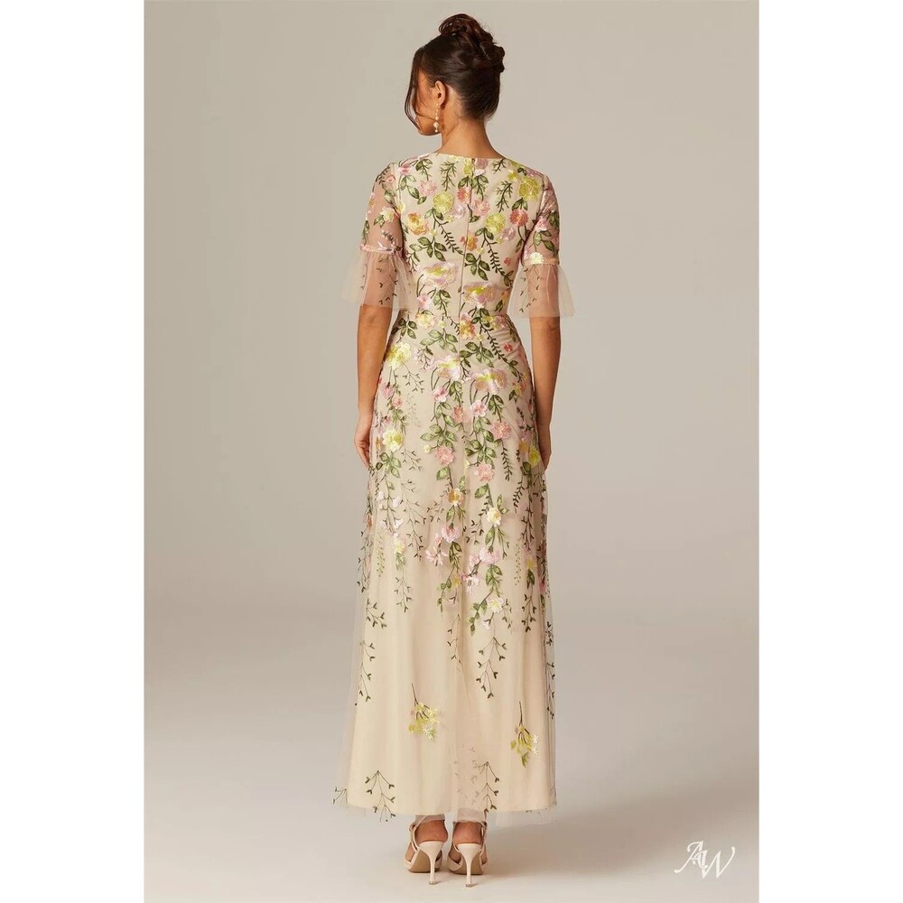 New Bridal Carole Formal Prom Dress Size 4 Beige Floral Embroidered Tulle Maxi - Picture 4 of 15